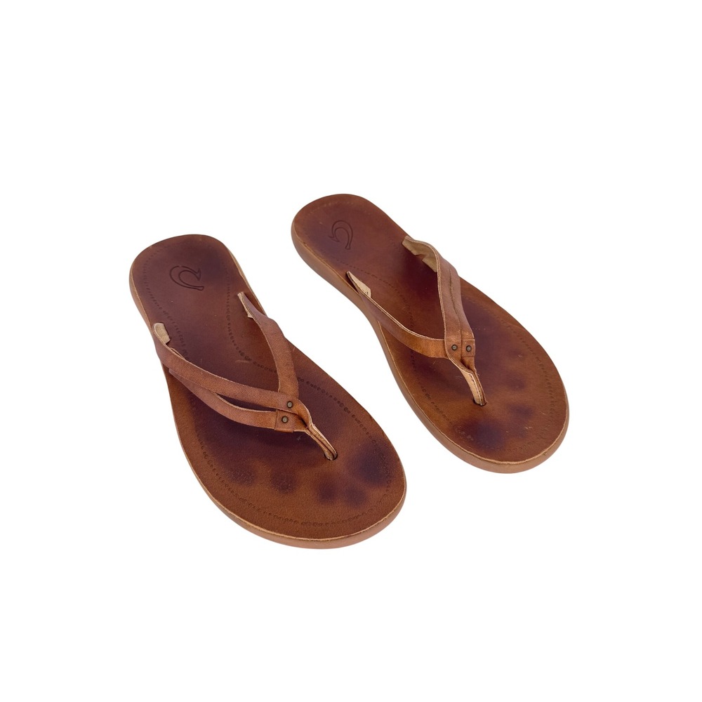 OluKai Womens Kapehe Luana Brown Leather Sandals 8 Flip Flops Summer Beach